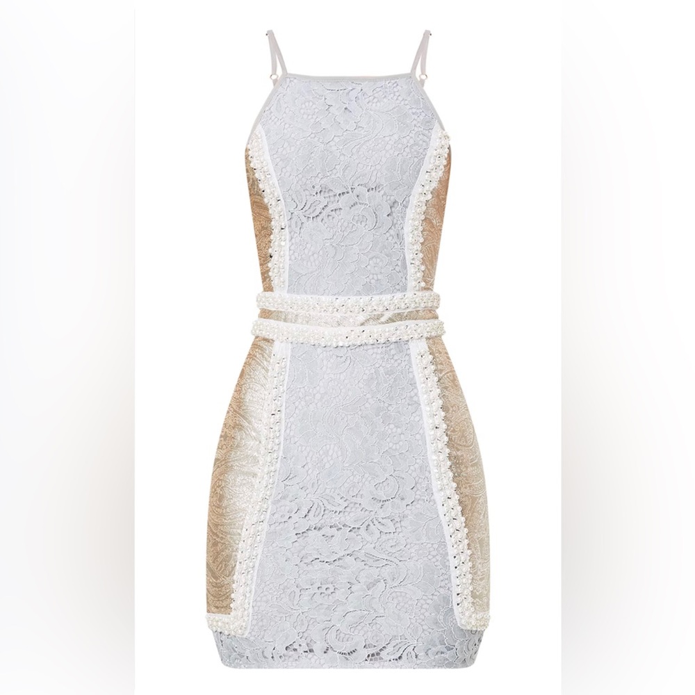 PrettyLittleThing Luci Pale Blue Premium High Neck Jacquard Lace Panel Mini *NWT